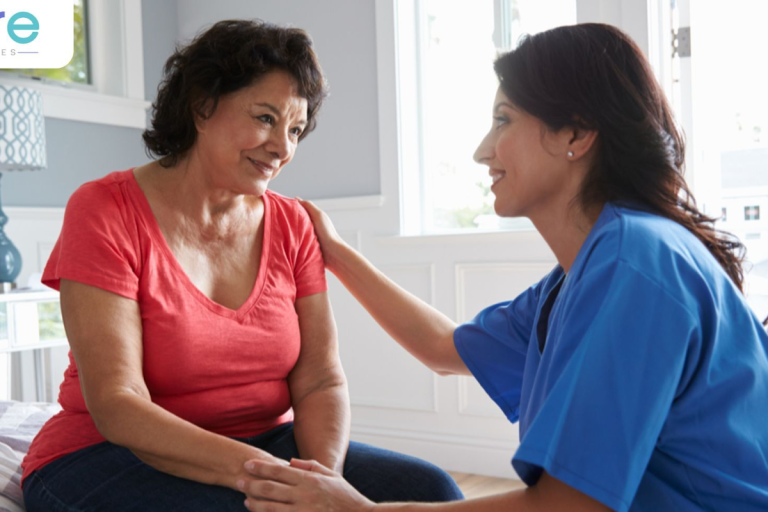 mobile friendly girl taking care of old women