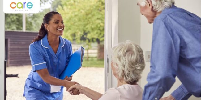 Caregiver greeting an elderly couple at home Caregiver greeting an elderly couple at home