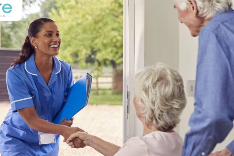 Caregiver greeting an elderly couple at home Caregiver greeting an elderly couple at home